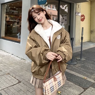 秋冬加绒厚外套女2025年新款韩版宽松休闲立领飞行员初冬夹克棉衣