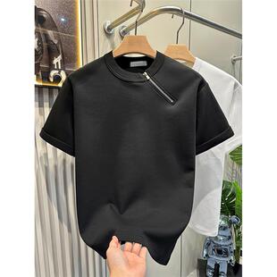 美式小领口斜拉链短袖男款300g重磅潮牌cleanfit纯黑色T恤半袖男