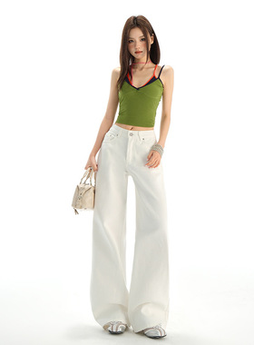 白色高腰美式复古刺绣阔腿牛仔裤女宽松垂感直筒拖地裤