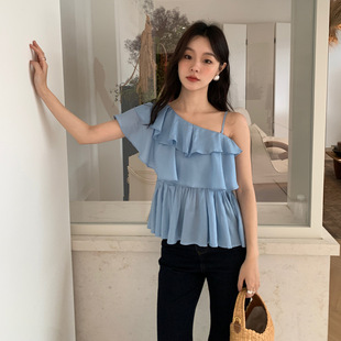 诠释美 甜美不规则设计天丝露肩吊带上衣女 NEWOPEN 25夏法式