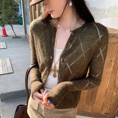 【实拍】咖色镂空针织开衫女羊毛混纺短款毛衣外套