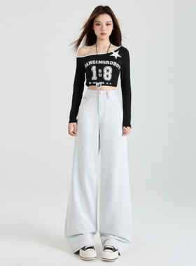 灰白色高腰阔腿牛仔裤女2025春夏新款显瘦垂感直筒宽松拖地