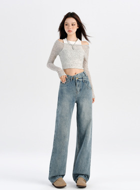 辣妹百搭显瘦高腰不规则腰头直筒拖地阔腿牛仔裤