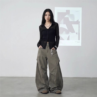 2026春款美式复古水洗解构褶皱大码弯刀工装裤女设计感阔腿微喇裤