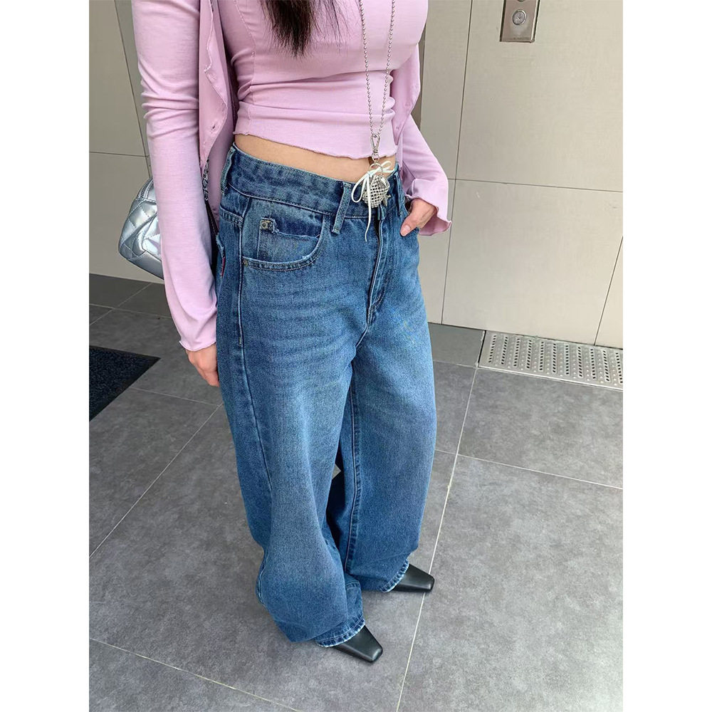 誉一新款2025秋季个性磨破口袋牛仔裤女复古休闲阔腿长裤女