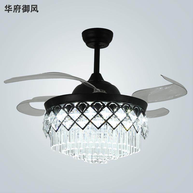 简约隐形水晶风扇灯创意42寸48寸吊扇灯led卧室个性风扇客厅灯具