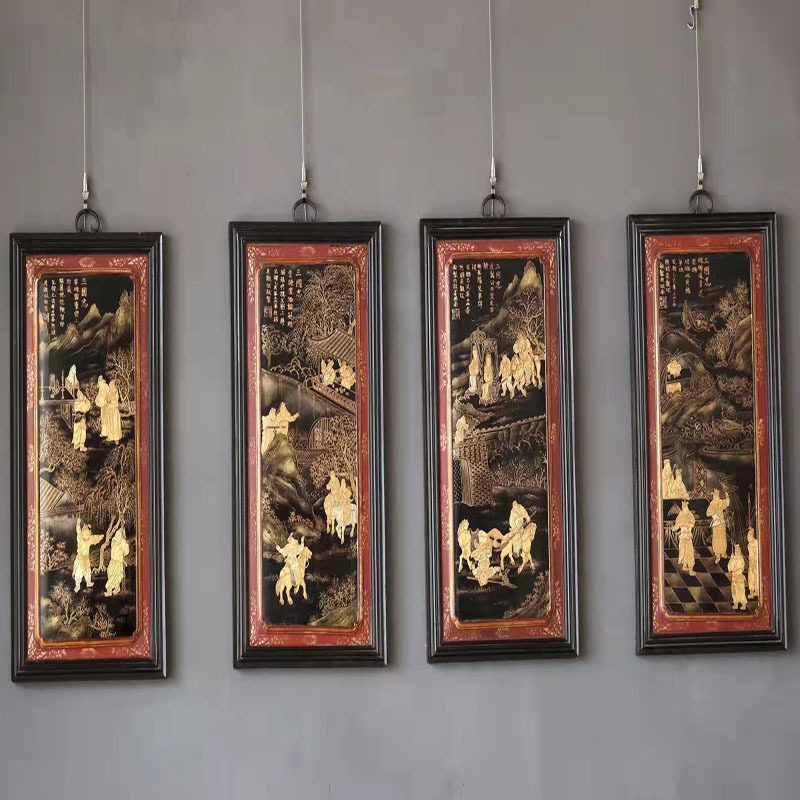 中式家装古典仿古手工描金挂屏老楠木文房客厅茶室装饰画木质悬挂