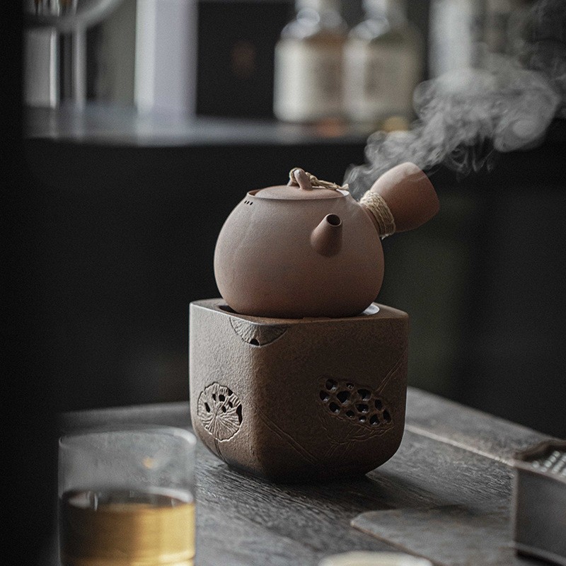 粗陶老岩泥鸣泉侧把壶酒精炉套组中式泡茶煮茶炉家用大容量温茶壶