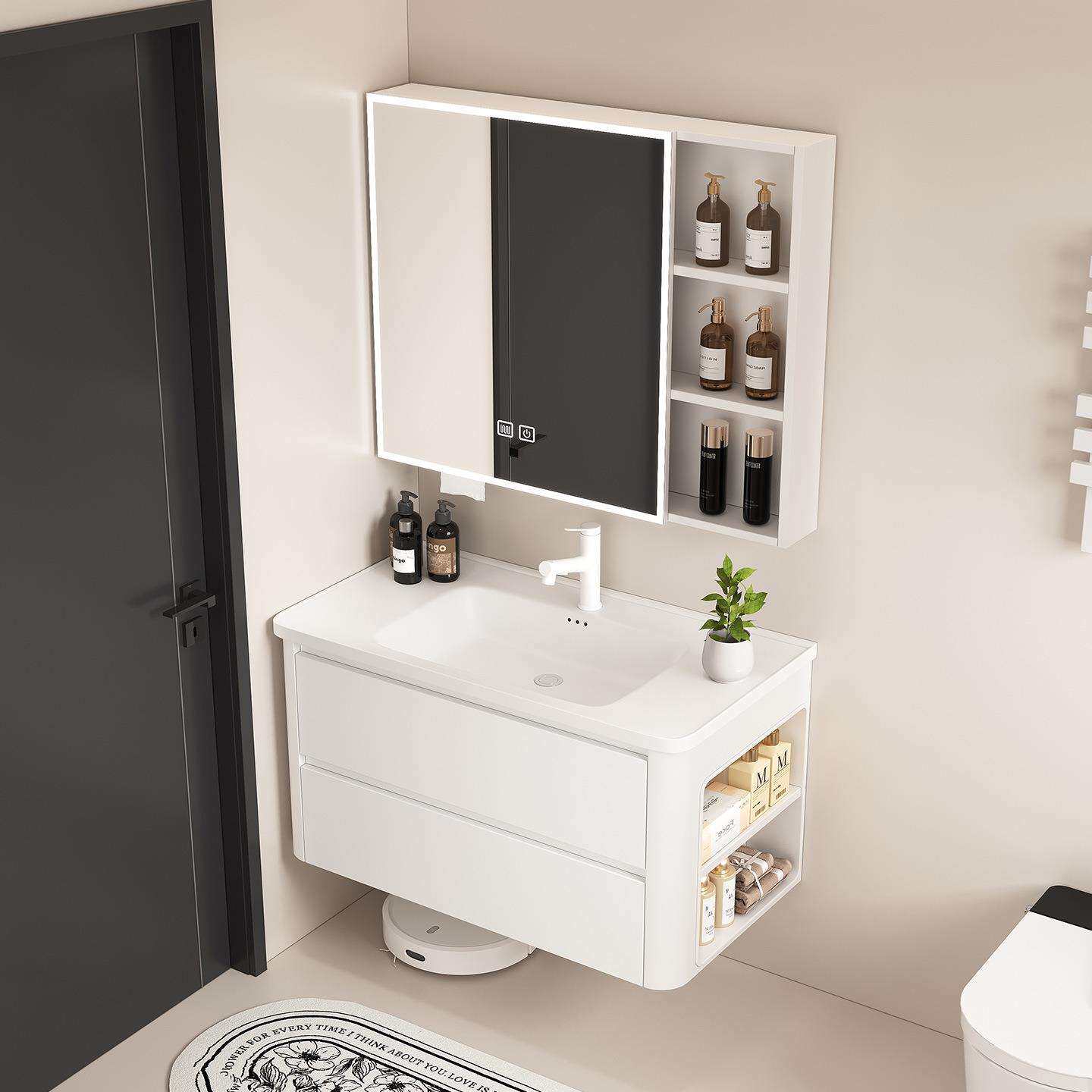 圆弧抽屉款蜂窝铝浴室柜带侧边柜陶瓷一体盆组合左右收纳格开放柜