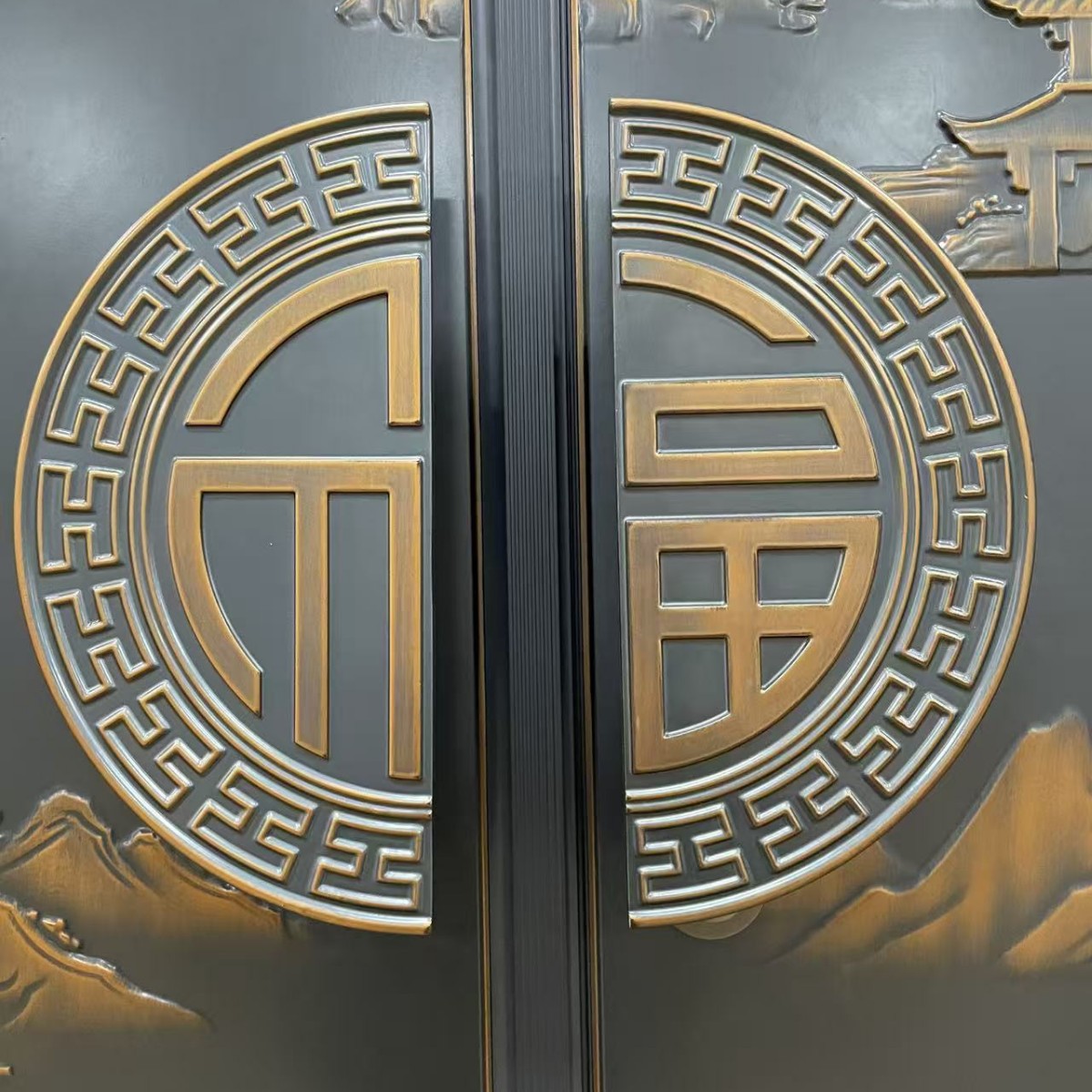 福字型精雕滑盖拉手内嵌入式指纹锁祥云图案带感应灯光铸铝门