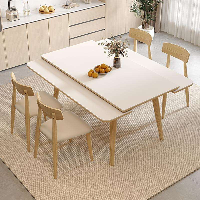 奶油风实木岩板餐桌家用小户型2025新款可变方桌两用伸缩折叠餐桌