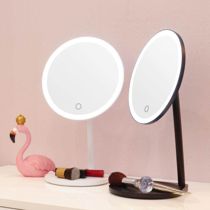 便携日光镜台式旋转LED化妆镜带灯宿舍圆形补光梳妆镜充电化妆镜