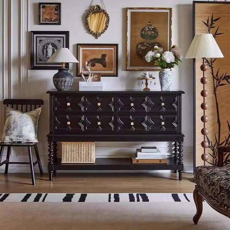 法式黑色实木玄关柜复古客厅过道中古风斗柜屏风靠墙置物台隔断柜