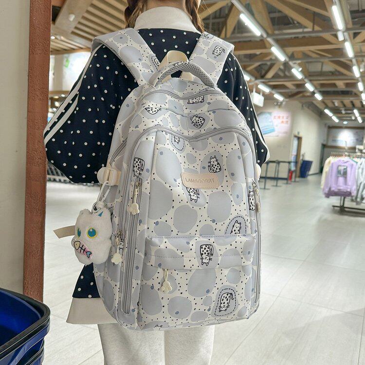 韩系甜美浅蓝双肩包 腰果花印花初高中学生书包 潮流通勤旅行背包