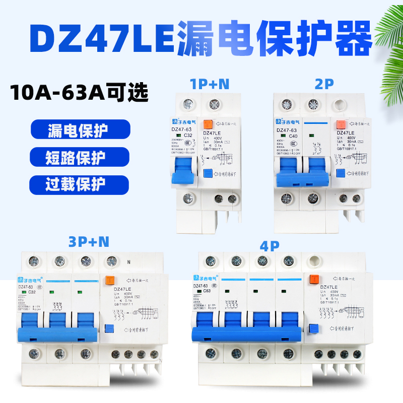 漏电断路器DZ47LE-63A-2P 小型家用微断总电闸开关过载短路保护器