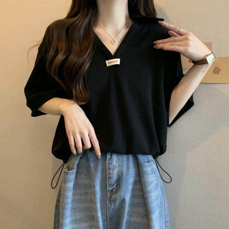 设计感正肩polo领短袖t恤女夏季大尺码胖妹妹上衣短款抽绳打底衫i