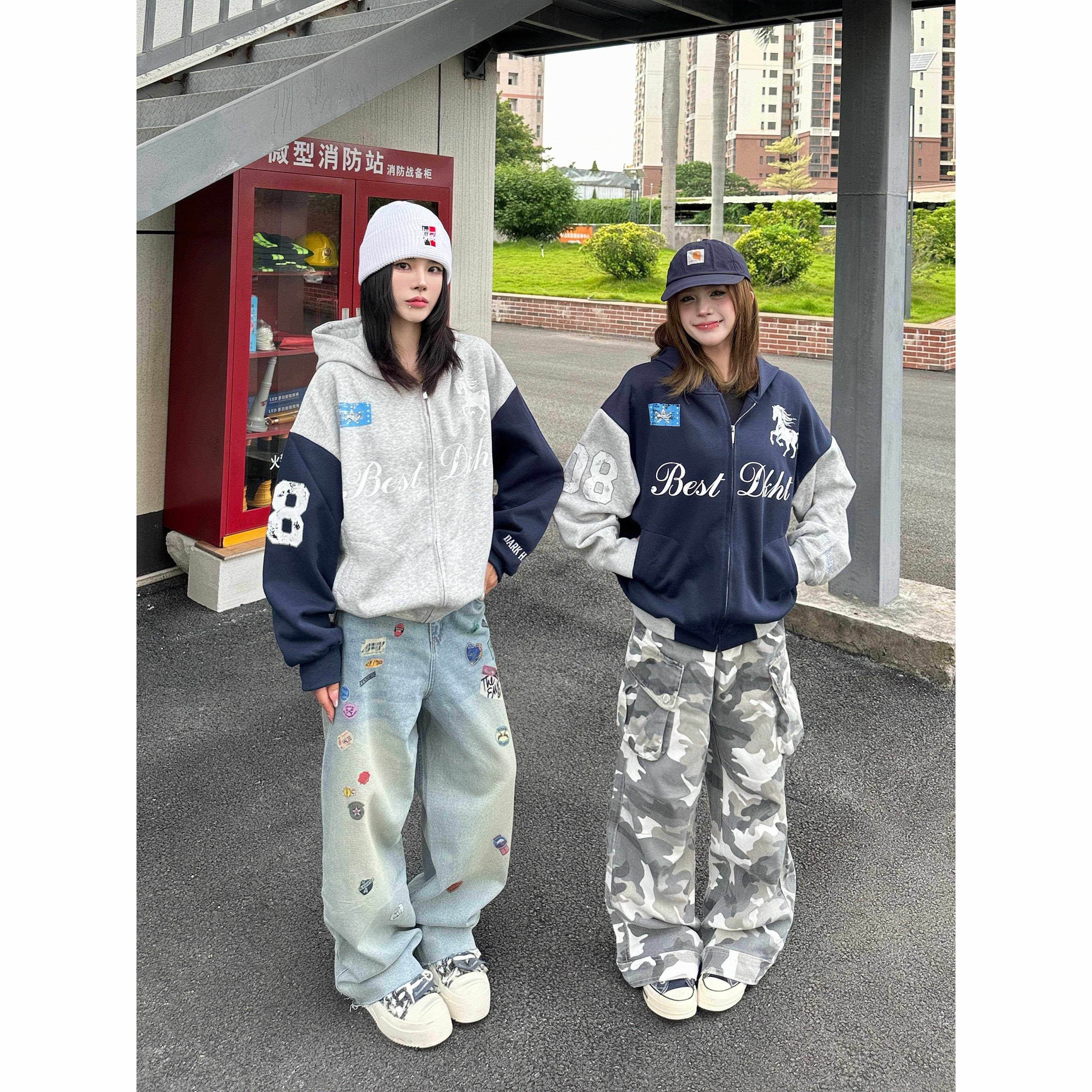 小鱼是条咸鱼美式覆古小马字母印花连帽卫衣男女宽松休闲情侣外套