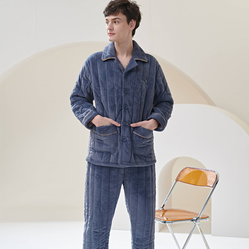 姬玛冬季三层加绒加厚法兰绒夹棉睡衣/家居服套装