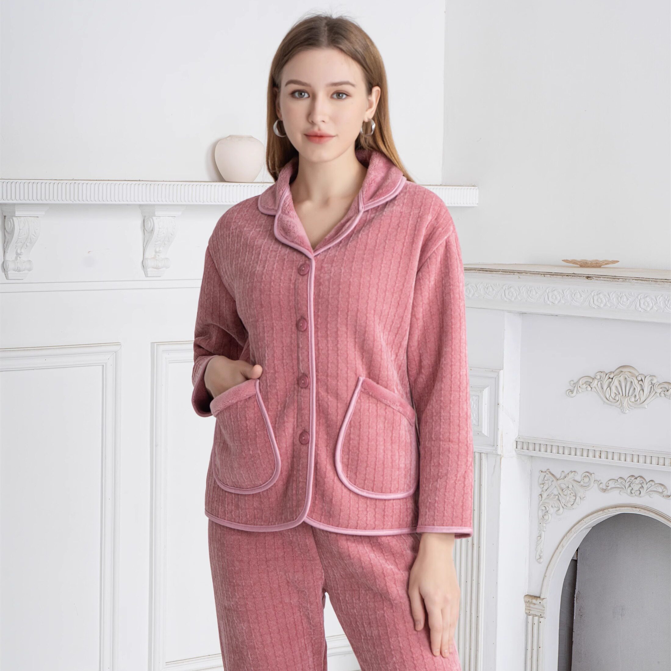 姬玛秋冬季加绒加厚保暖复合绒雪睡衣/家居服套装