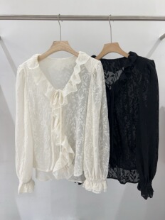 衬衫 欧货Ｖ领木耳边刺绣宽松百搭长袖 上衣 时尚 欧洲站202春夏新款