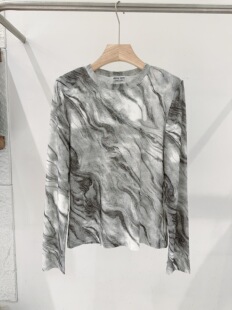 欧洲站2026春季新款设计感晕染印花长袖T恤圆领显瘦百搭上衣灰色