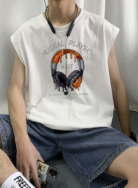 美式背心马甲男ins潮牌纯棉无袖坎肩2026夏季白色休闲宽松上衣t恤