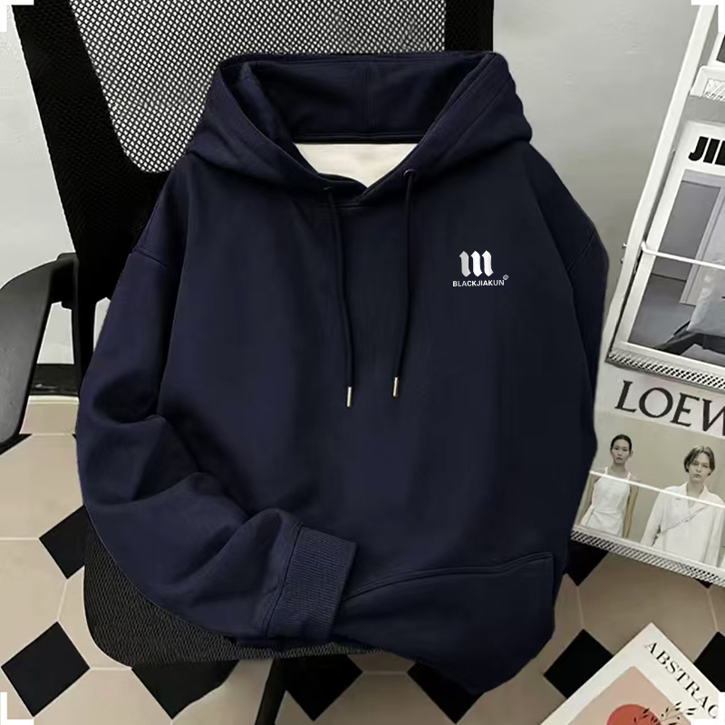 藏青色连帽卫衣男美式复古潮牌冬