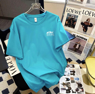 港风高街短袖t恤男2026夏季湖绿色纯棉五分袖上衣美式宽松体恤衫