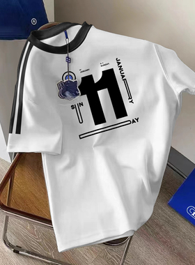 港风潮流短袖t恤男夏季新款三条杠白色上衣重磅纯棉宽松情侣体恤