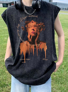 重磅纯棉运动背心男士夏季水洗做旧美式坎肩无袖t恤休闲篮球马甲