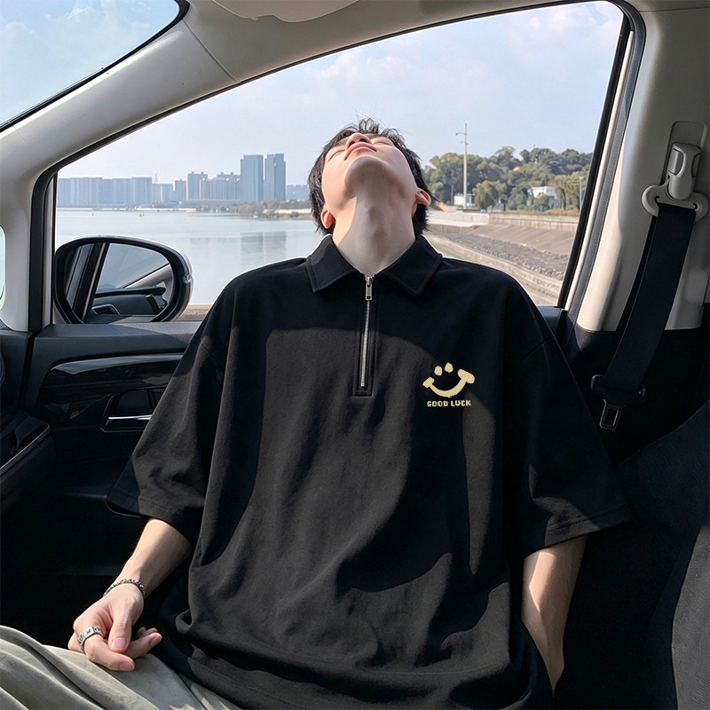【半拉链设计纯棉翻领半袖上衣】图片