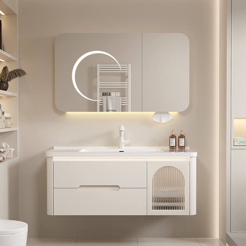 橡木浴室柜陶瓷组合卫生间奶油圆角一体洗漱智能洗手洗手盆洗脸盆