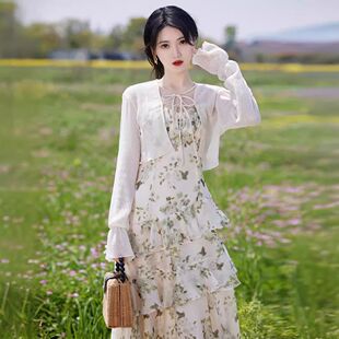 复古吊带连衣裙绿色碎花裙长款法式收腰长裙仙气裙子女小众设计感