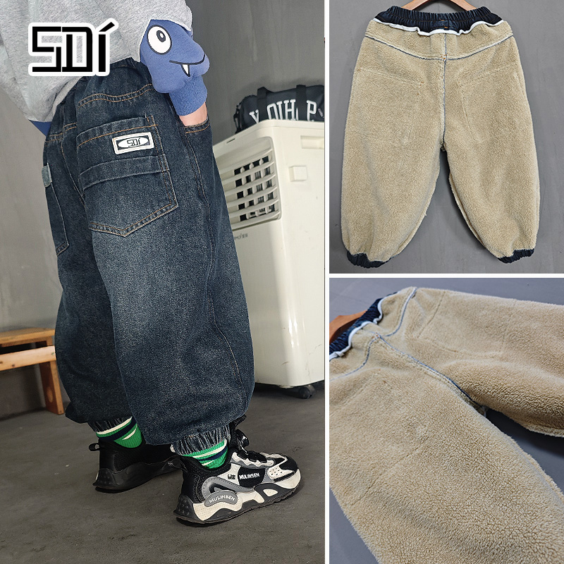 男童加绒牛仔裤宽松中小童束脚裤