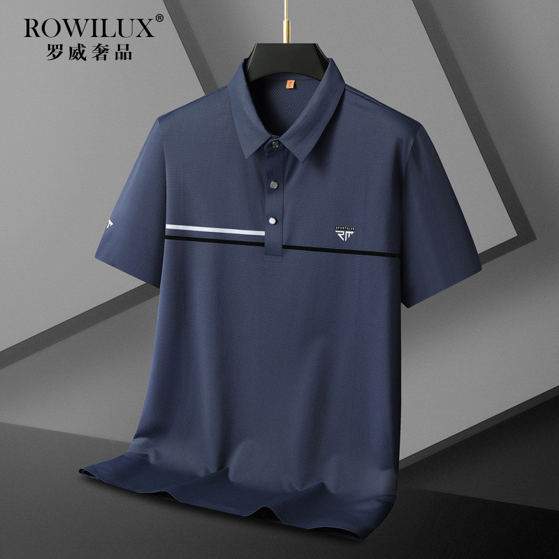 轻奢大码深蓝色冰丝POLO衫男短袖商务夏薄款肥佬宽松透气速干衬衣