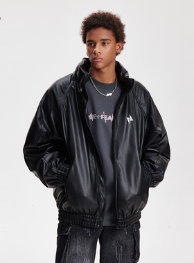 8FF/25AW立领刺绣夹棉高档PU机车皮衣隐藏连帽加厚棉服结构潮棉衣