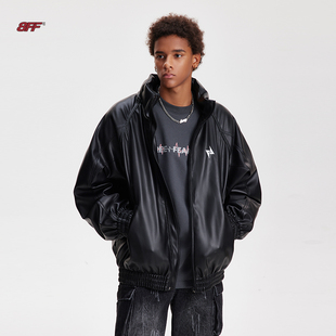 8FF 25AW立领刺绣夹棉高档PU机车皮衣隐藏连帽加厚棉服结构潮棉衣