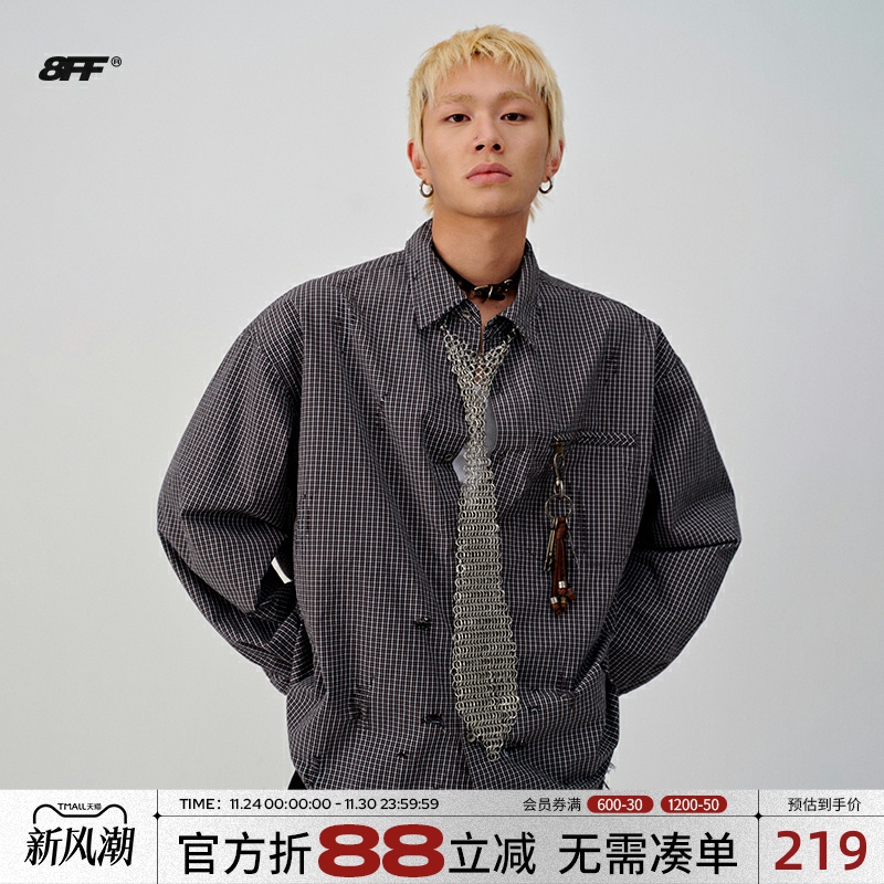 8FF/送配饰 复古格子水洗做旧破洞休闲短款衬衫宽松衬衣潮外套