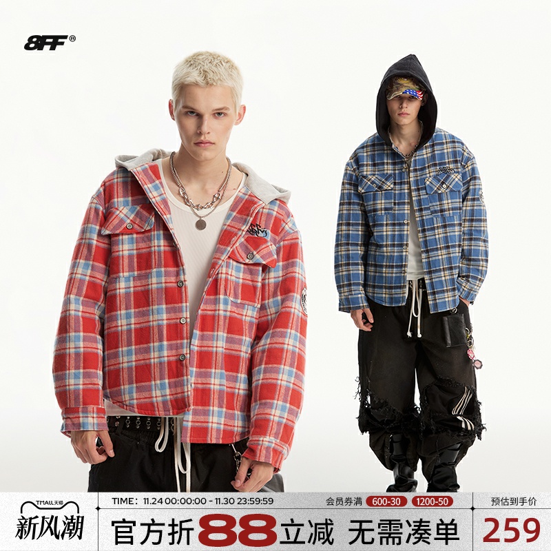 8FF大不相同/加厚格子连帽棉衬衫