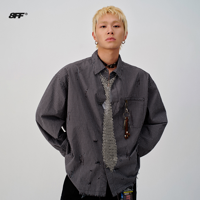 8FF/送配饰 复古格子水洗做旧破洞休闲短款衬衫宽松衬衣潮外套