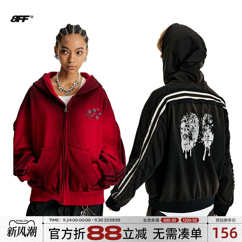 8FF/25AW 重磅水洗做旧喷色Vintage印花连帽美式卫衣开衫外套潮男