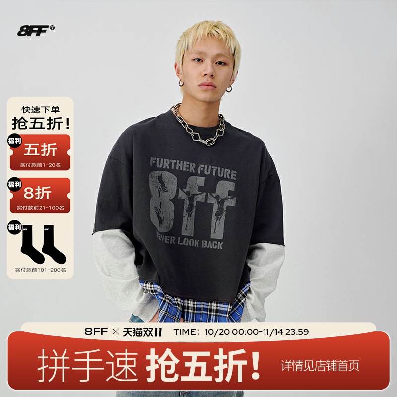 8FF/25SS 拼接做旧格纹毛边长袖T恤男女假两件小众设计潮牌上衣