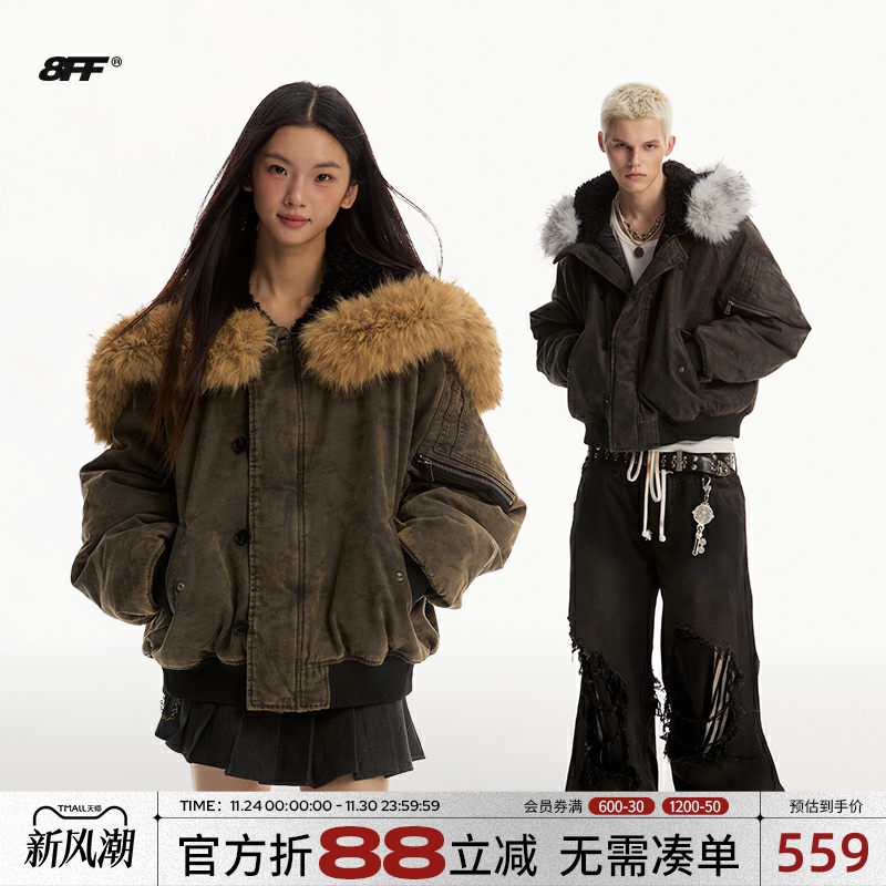 8FF加厚短款迷彩毛领连帽棉服