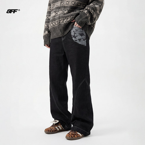 8FF大不相同/做旧原牛直筒牛仔裤男女款百搭长裤美式拼接花纹裤子