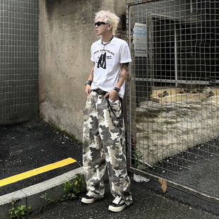 vibe灰白迷彩长裤 8FF 美式 水洗做旧阔腿宽松直筒伞兵裤 25SS