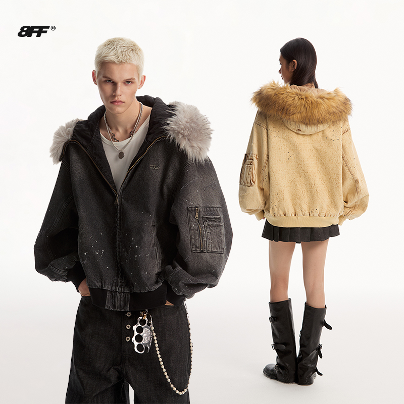 8FF可拆卸毛领连帽棉衣座山雕