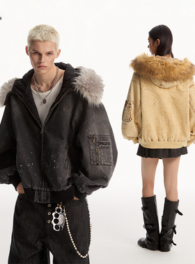 8FF大不相同/做旧N2B夹克拆卸毛领棉服bomber羽绒棉衣连帽座山雕