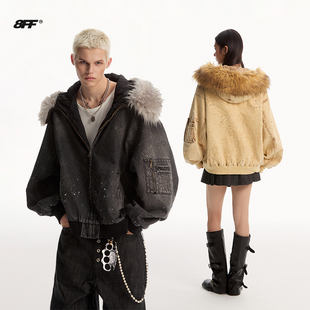 8FF大不相同/做旧N2B夹克拆卸毛领棉服bomber羽绒棉衣连帽座山雕