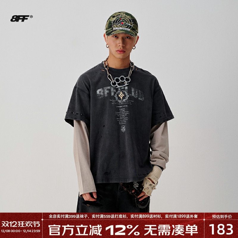 【黄景瑜同款】8FF/25 美式做旧印花假两件重磅长袖T恤卫衣男女潮