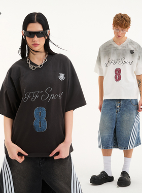 8FF复古做旧印花V领T恤26夏新品7A抗菌凉感防晒球衣宽松短袖上衣